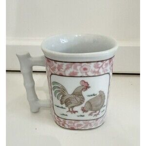 Tajimi Vtg Japan Floral White Chicken  Rooster Coffee Tea Hot Mug Bamboo Handle